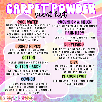 Carpet powder & Mop water refresher - 7 oz, 16 oz, 16 oz refill, 1 oz