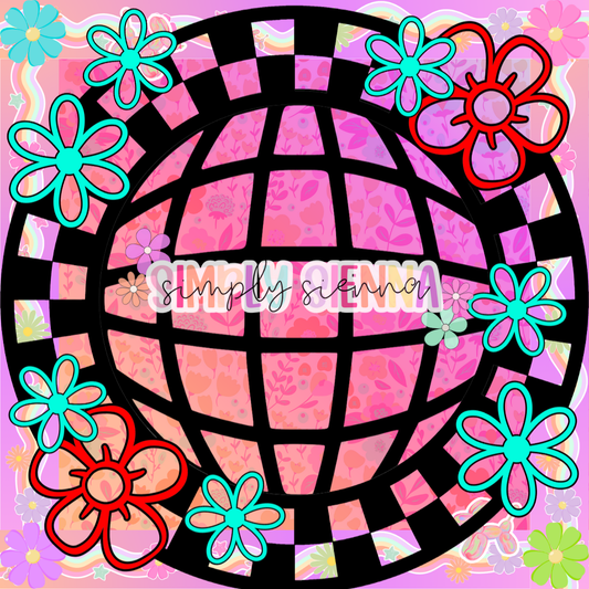 CHECKERED CIRCLE FRAME FLORAL DISCO PNG