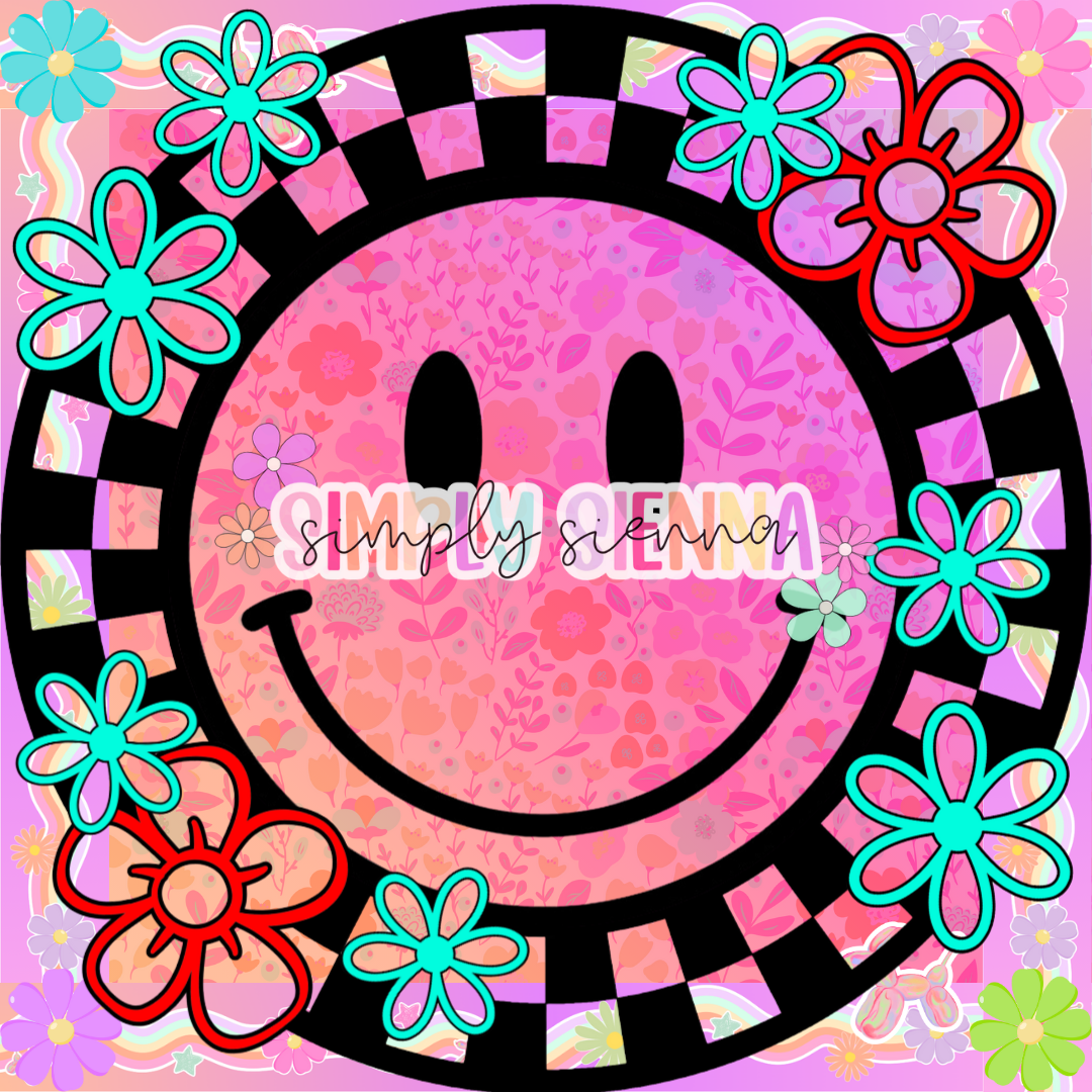 CHECKERED CIRCLE FRAME FLORAL SMILEY PNG
