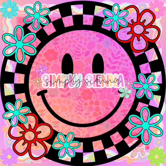 CHECKERED CIRCLE FRAME FLORAL SMILEY PNG