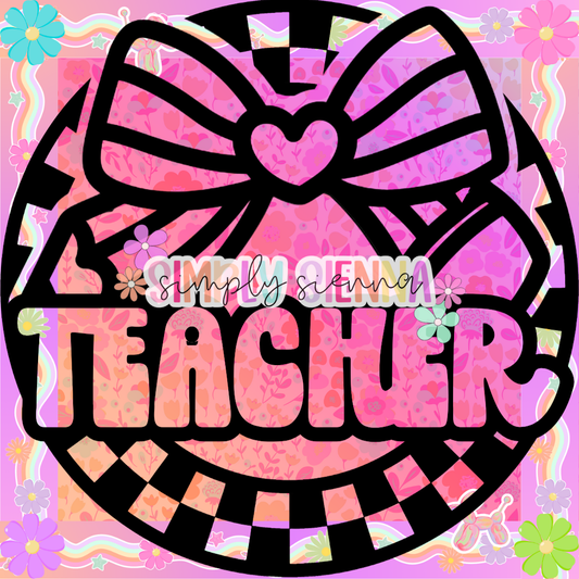 CHECKERED CIRCLE FRAME TEACHER PENCIL BOW PNG