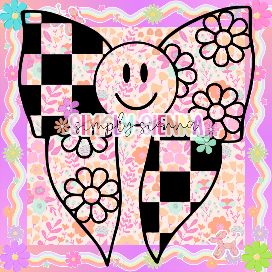 Floral Smiley Half Checkered Bow PNG