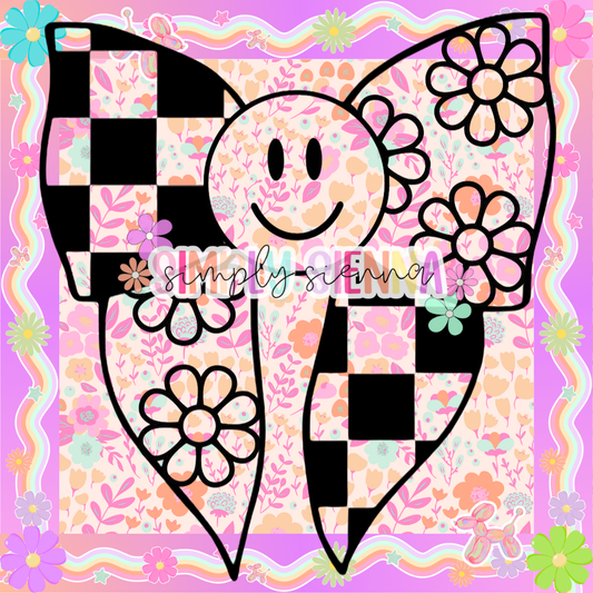 Floral Smiley Half Checkered Bow PNG