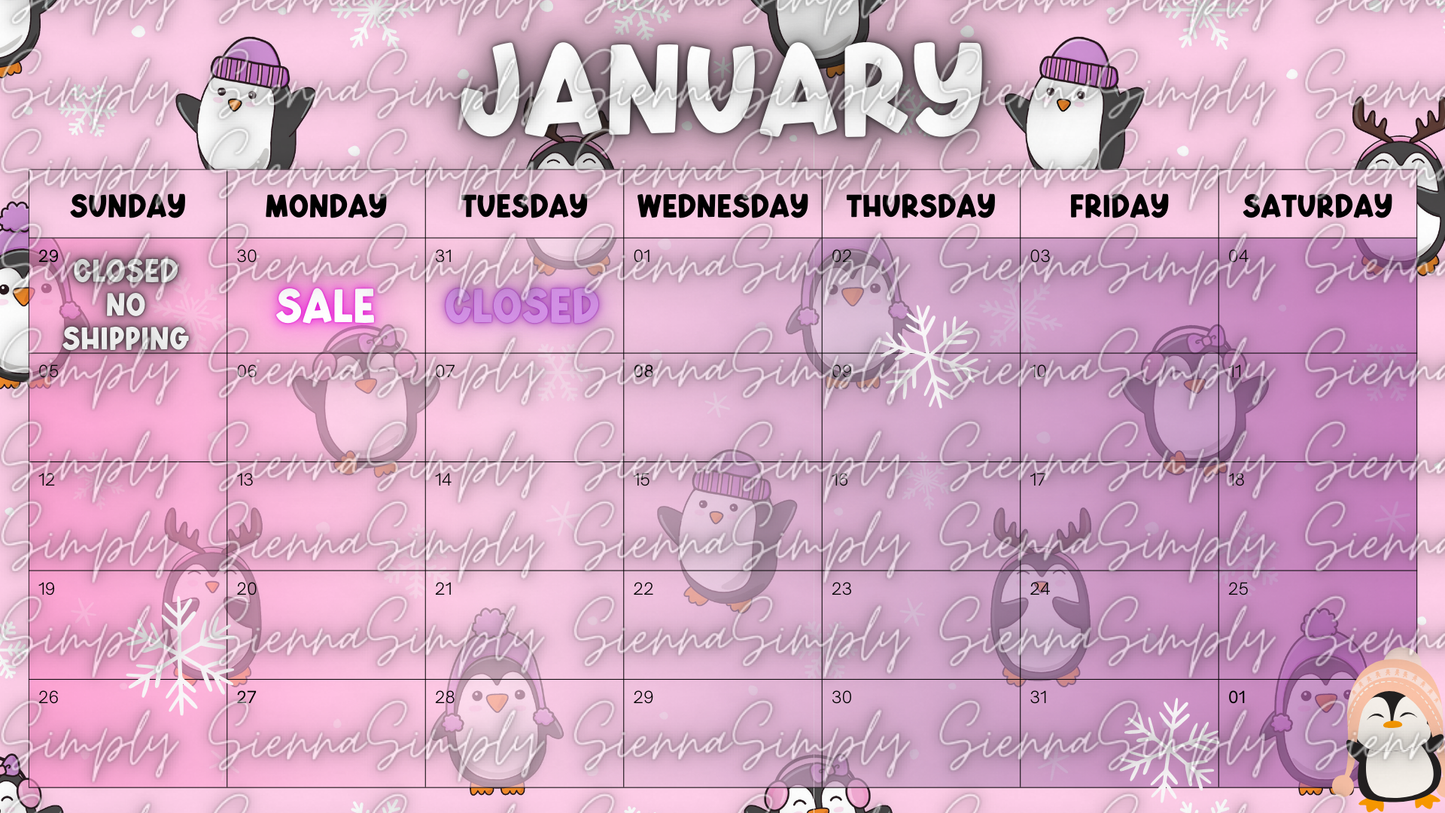 January Pink Penguin Calendar Template version 2