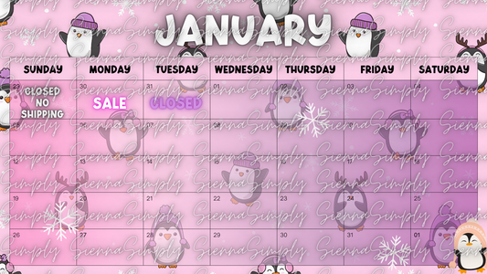 January Pink Penguin Calendar Template version 2