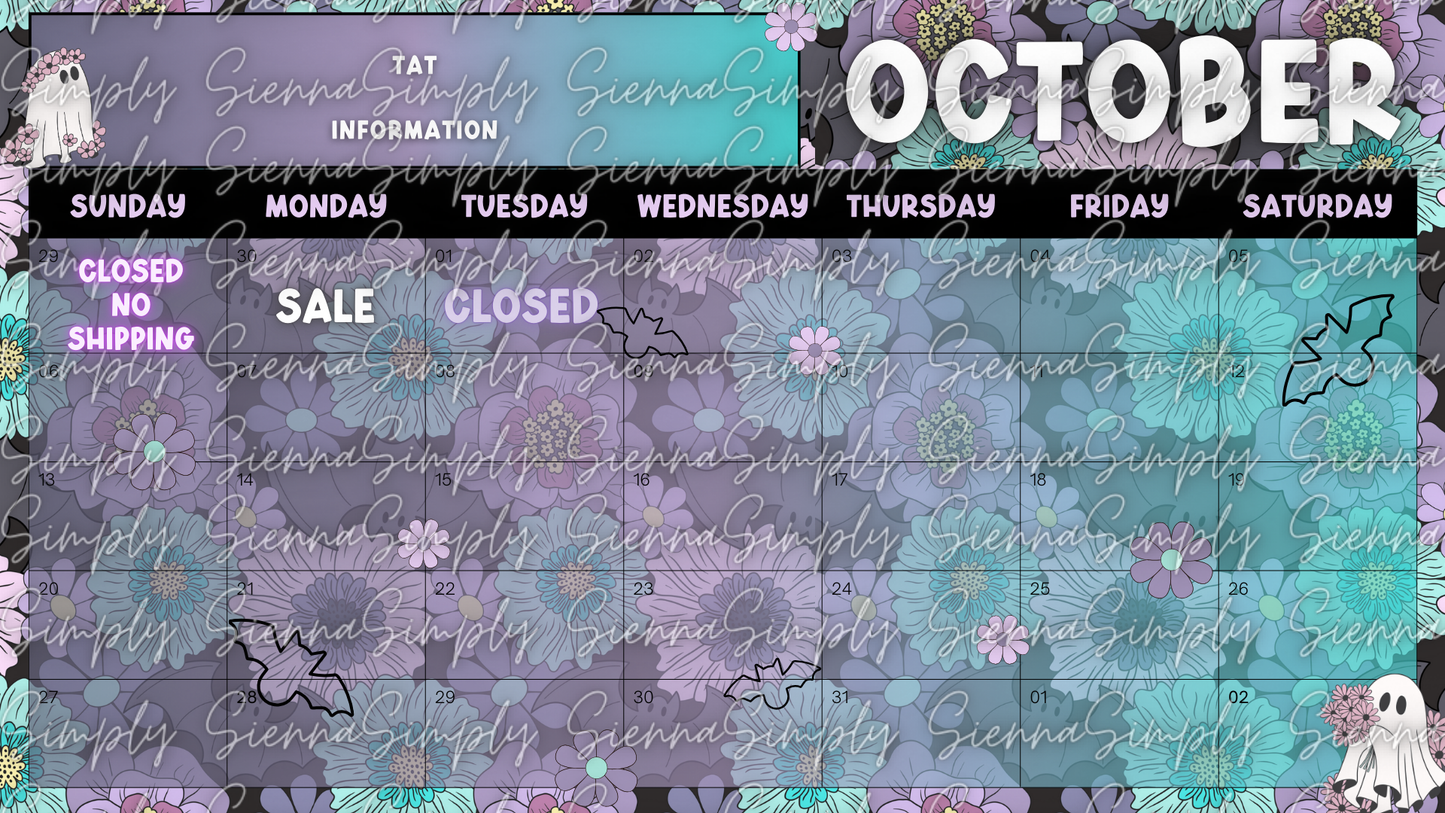 October Floral Bats Calendar Template version 1