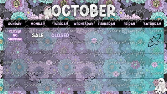 October Floral Bats Calendar Template version 2