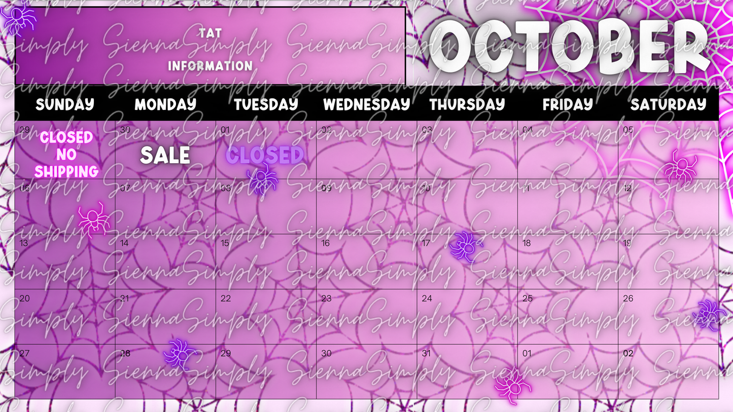 October Purple Webs Calendar Template version 1